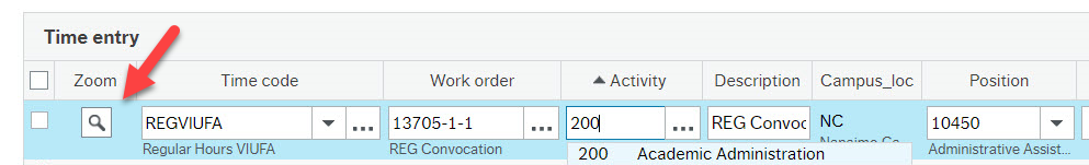 Red arrow pointing to magnifying glass icon at start of timesheet information row. 