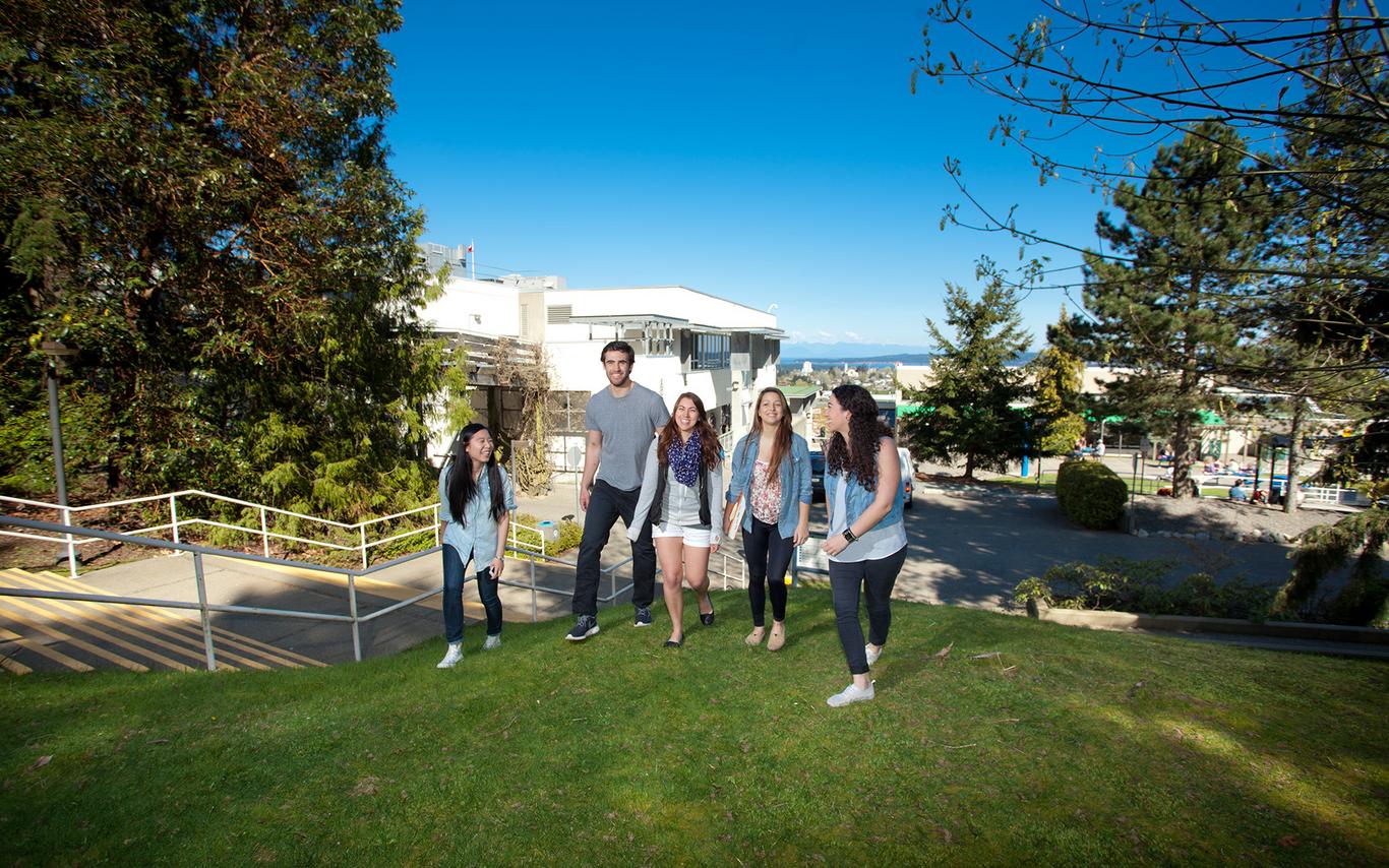 group of five young people walking up a grassy hill with blue sky in background